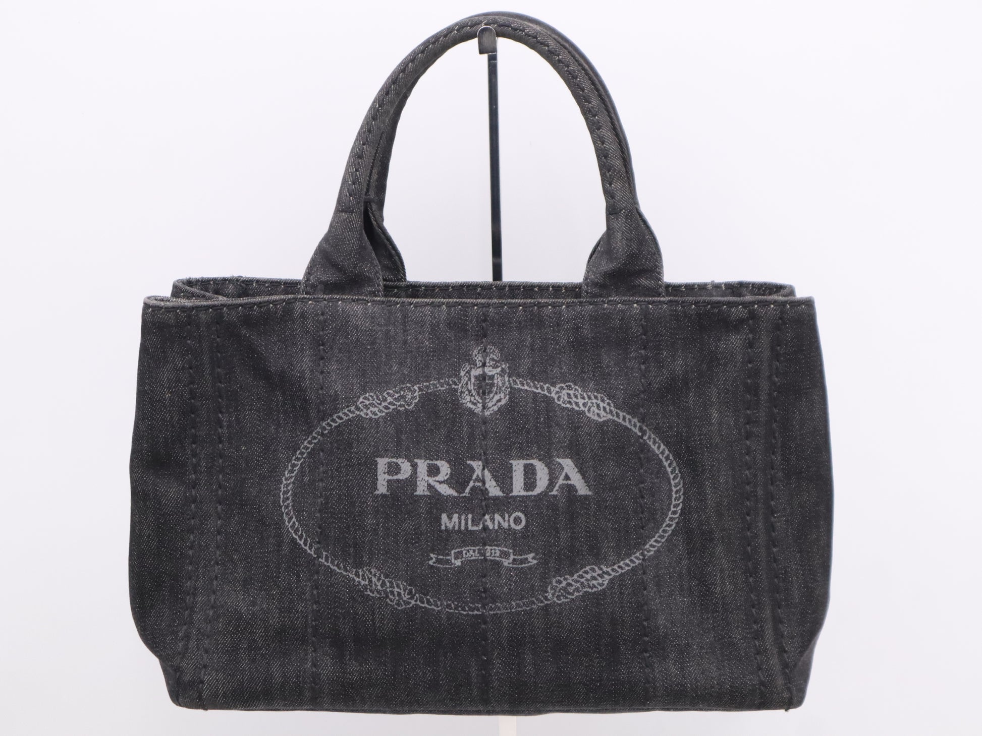 PRADA Denim Canapa Tote Mini Logo Plate Black Tote Bag