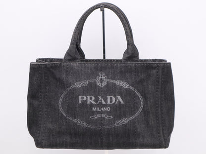 PRADA Denim Canapa Tote Mini Logo Plate Black Tote Bag