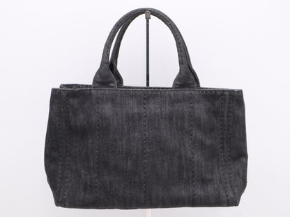 PRADA Denim Canapa Tote Mini Logo Plate Black Tote Bag