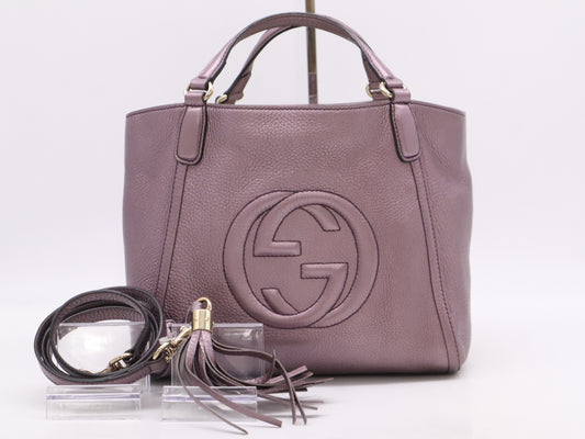 GUCCI 336751 Leather Interlocking 2-Way Handbag, Purple, with Shoulder Strap