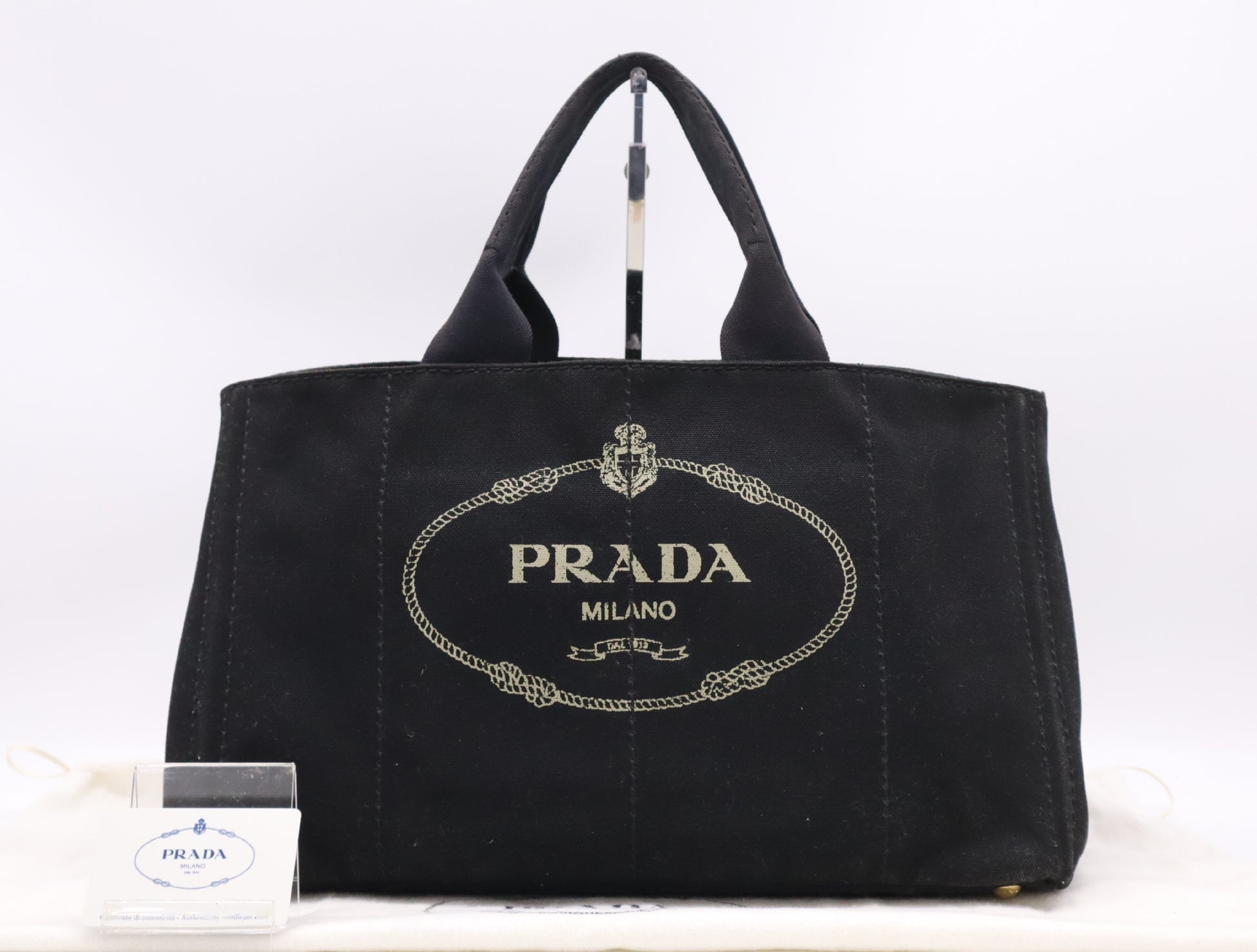 PRADA BN1872 Canvas Canapa Large Tote Bag with Triangle Logo, Black, Includes Dust Bag and Card