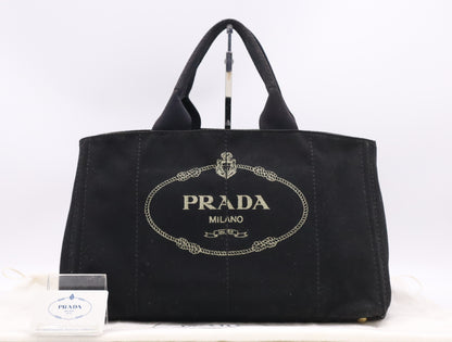 PRADA BN1872 Canvas Canapa Large Tote Bag with Triangle Logo, Black, Includes Dust Bag and Card