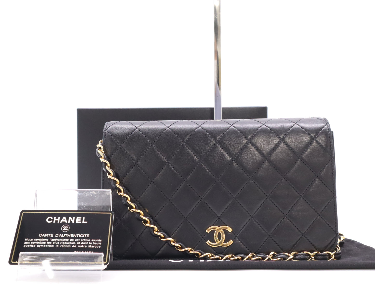 CHANEL Lambskin Matelasse 24 Shoulder Bag with Full Flap, S-Chain, Push Lock, GD Hardware, Black, Seal, Card Included, 5171978, Box and Dust Bag Included