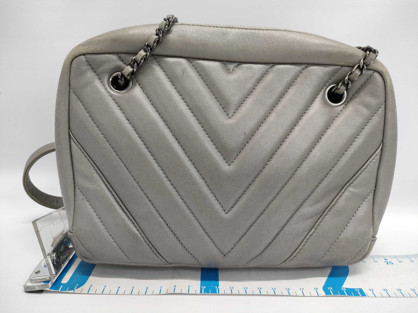 CHANEL Lambskin Shoulder Bag with V-Stitch Coco Mark, Double Chain, Silver Hardware, Gray Seal, 20977604
