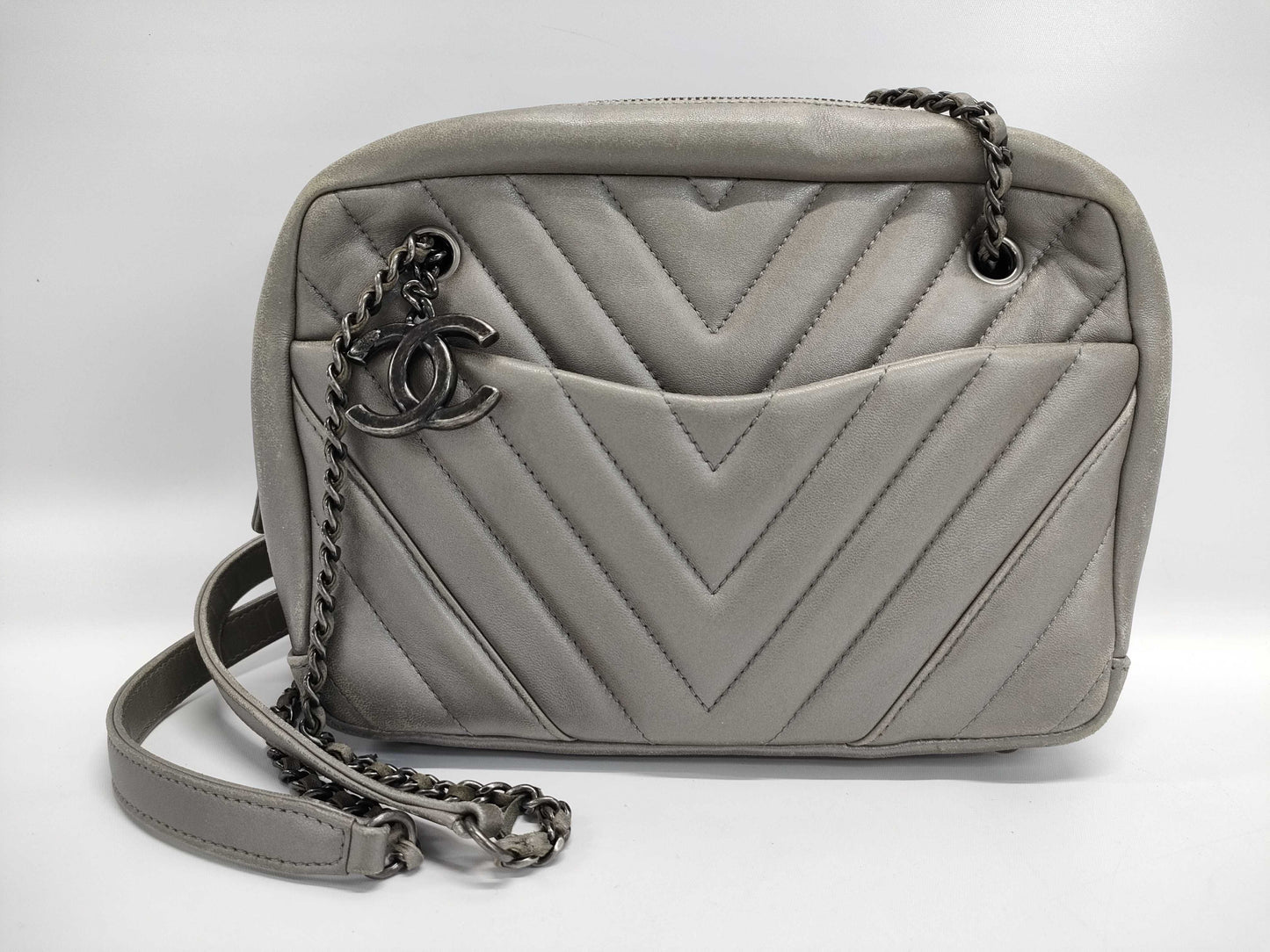 CHANEL Lambskin Shoulder Bag with V-Stitch Coco Mark, Double Chain, Silver Hardware, Gray Seal, 20977604