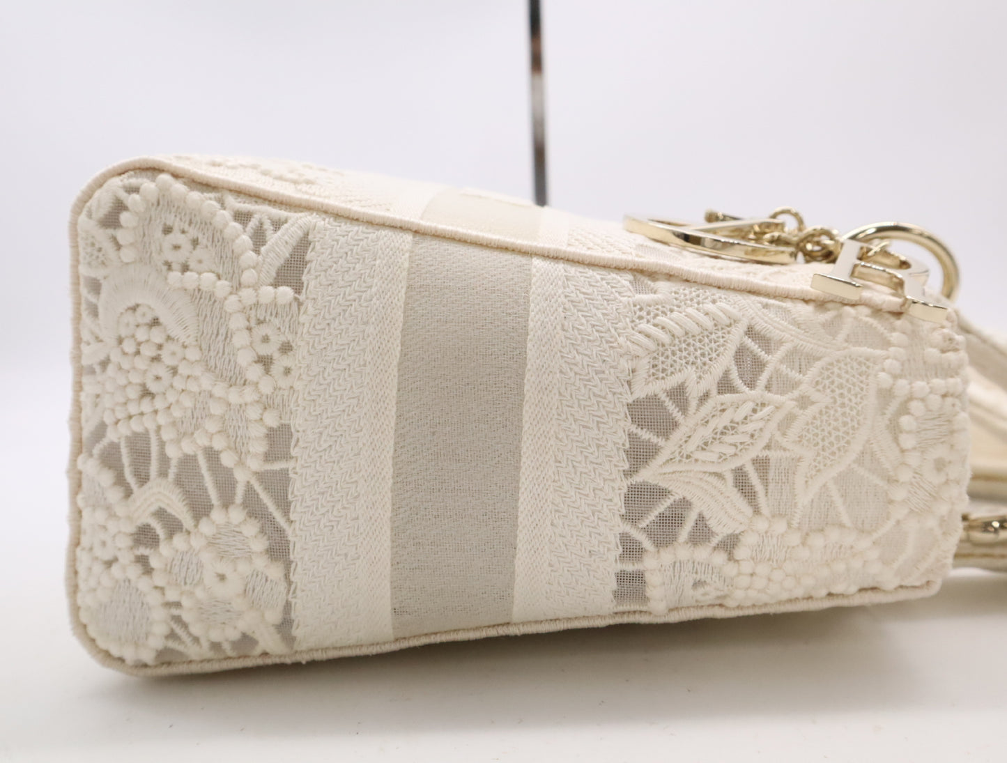 Dior M0565ORZF Canvas Lady D-Lite Medium Cannage Lace 2-Way Handbag with White Gold Hardware, Shoulder Strap, Box, and Card Included