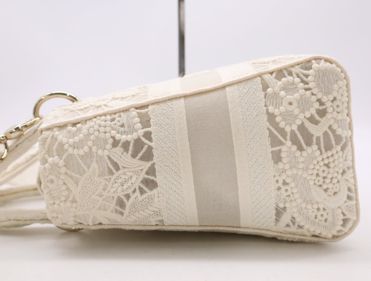 Dior M0565ORZF Canvas Lady D-Lite Medium Cannage Lace 2-Way Handbag with White Gold Hardware, Shoulder Strap, Box, and Card Included