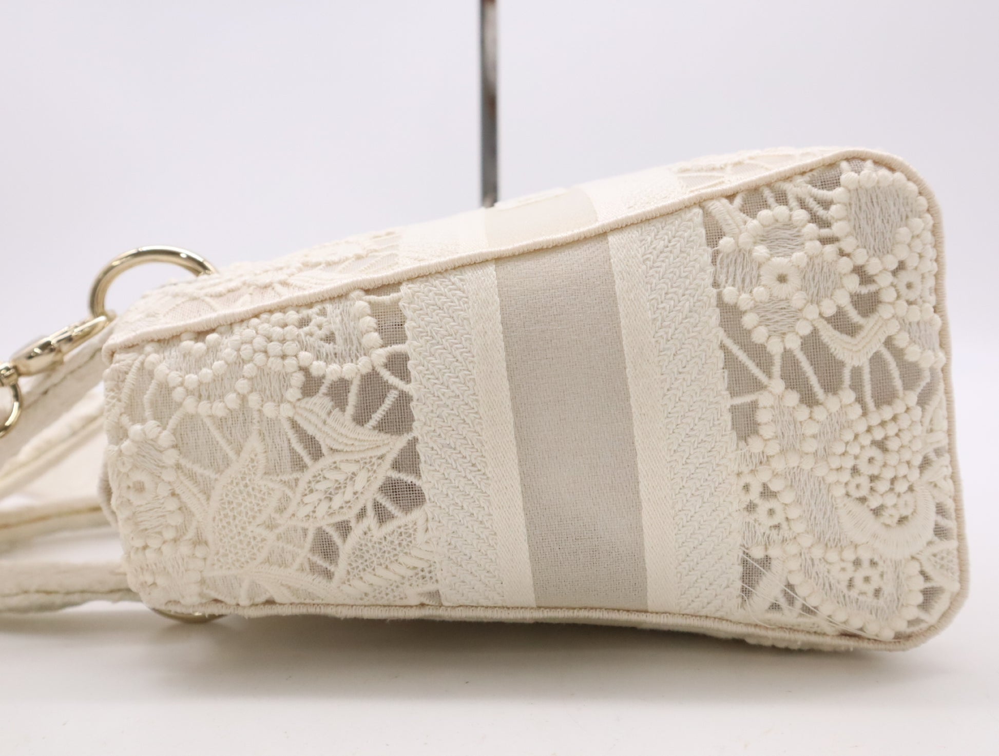 Dior M0565ORZF Canvas Lady D-Lite Medium Cannage Lace 2-Way Handbag with White Gold Hardware, Shoulder Strap, Box, and Card Included