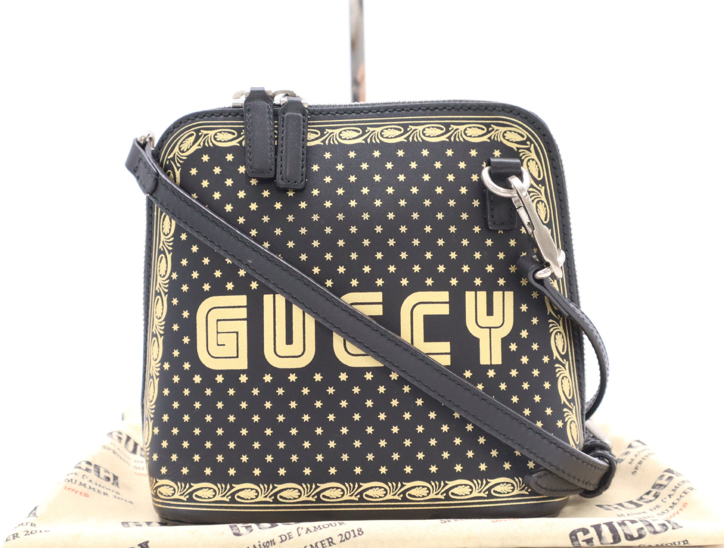 GUCCI 51189 Leather Shoulder Bag with GUCCY Logo, Black and Gold, Shoulder Strap and Dust Bag Included