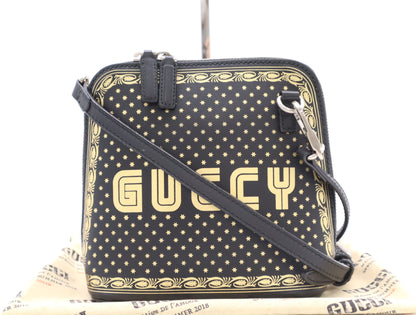 GUCCI 51189 Leather Shoulder Bag with GUCCY Logo, Black and Gold, Shoulder Strap and Dust Bag Included