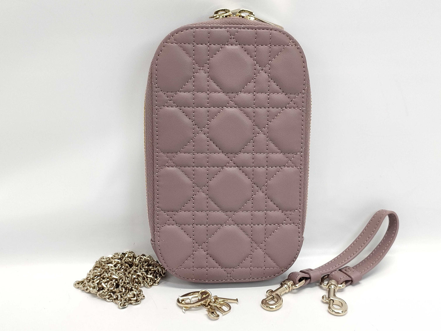 Dior Lady Dior Phone Holder Cannage Pink Lambskin Shoulder Bag with Strap and Chain Strap