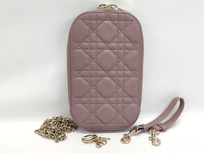 Dior Lady Dior Phone Holder Cannage Pink Lambskin Shoulder Bag with Strap and Chain Strap