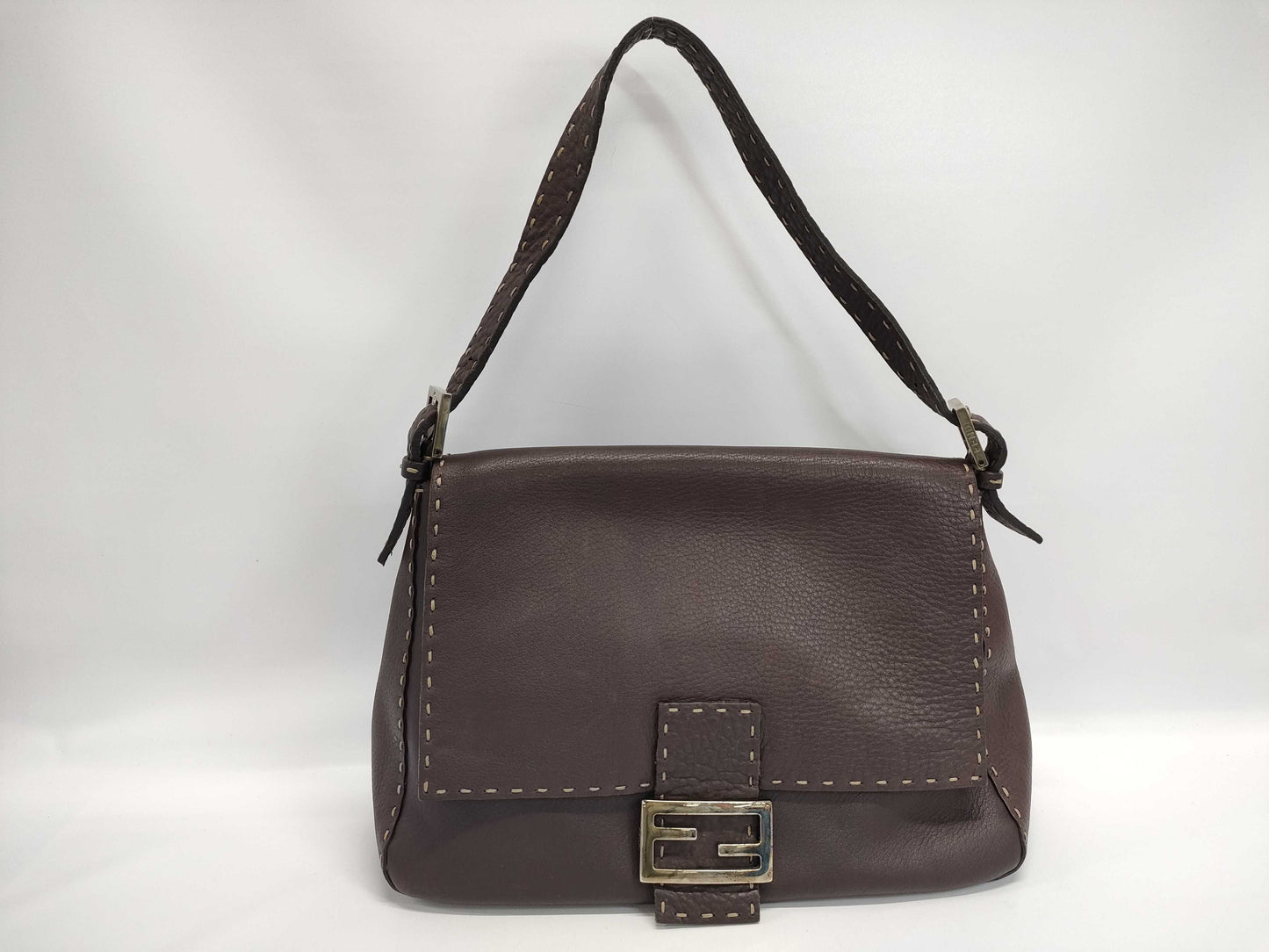 FENDI 8BR102 Leather Selleria Mamma Bucket Shoulder Bag, Dark Brown