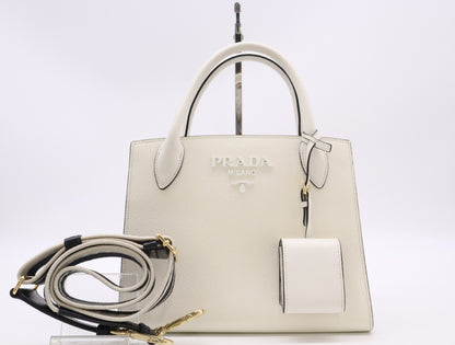 PRADA 1BA269 3OO 2ERX Leather Handbag in White Bianco with Shoulder Strap and Charm, 272 Handbag