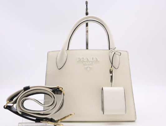 PRADA 1BA269 3OO 2ERX Leather Handbag in White Bianco with Shoulder Strap and Charm, 272 Handbag