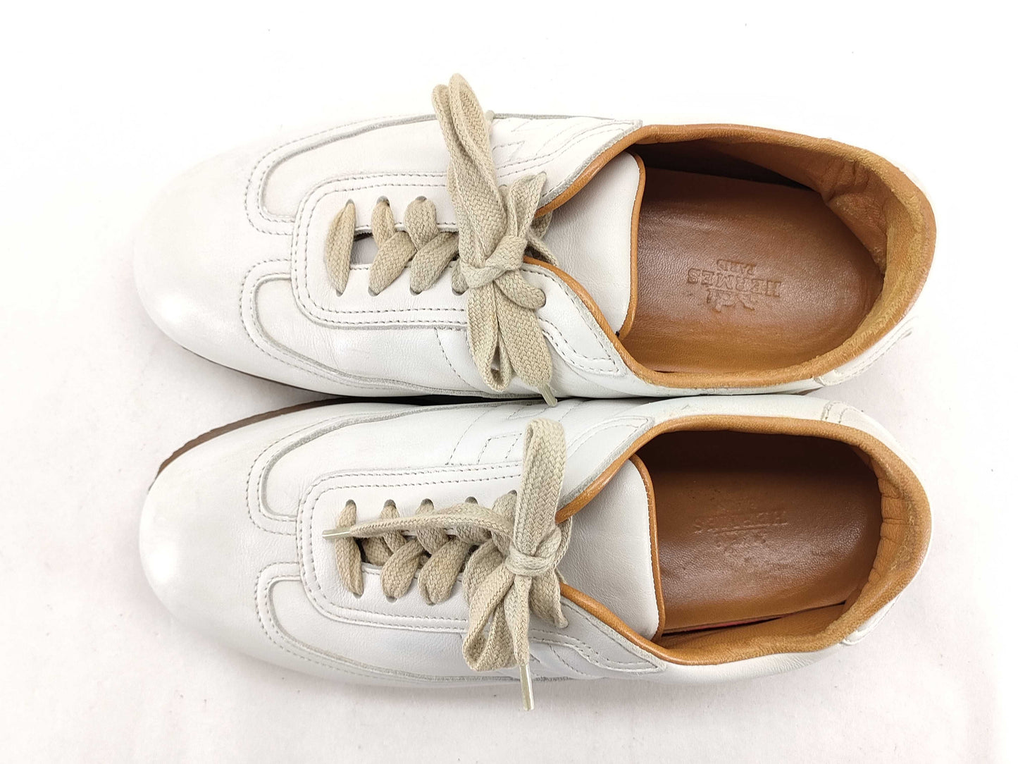 HERMES Size 37 Quick Leather Lace-Up Sneakers Women's White and Brown HERMES Sneakers