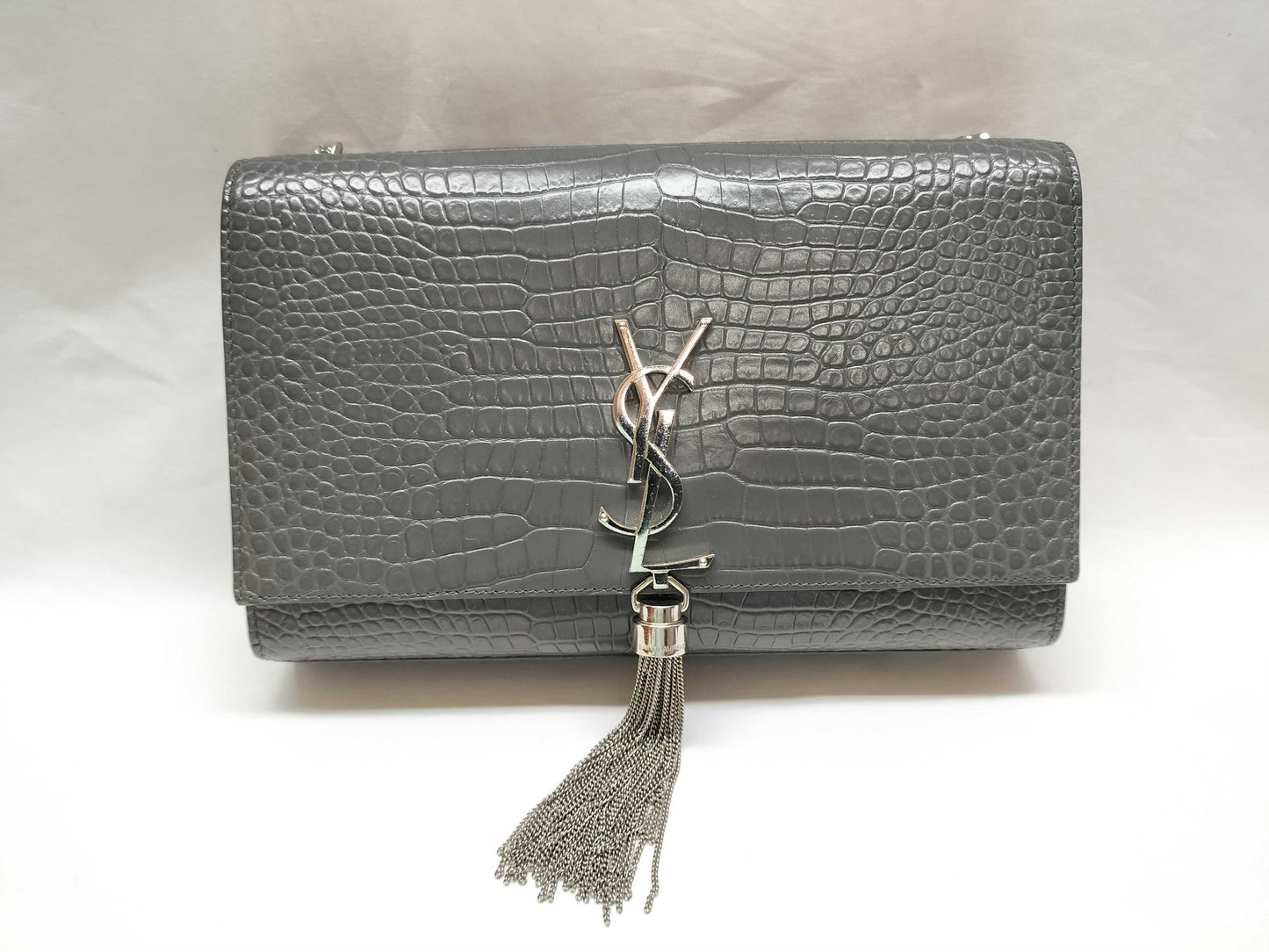 SAINT LAURENT SAINT LAURENT Kate Chain Shoulder Bag 354119 Gray Embossed Leather with Silver Hardware