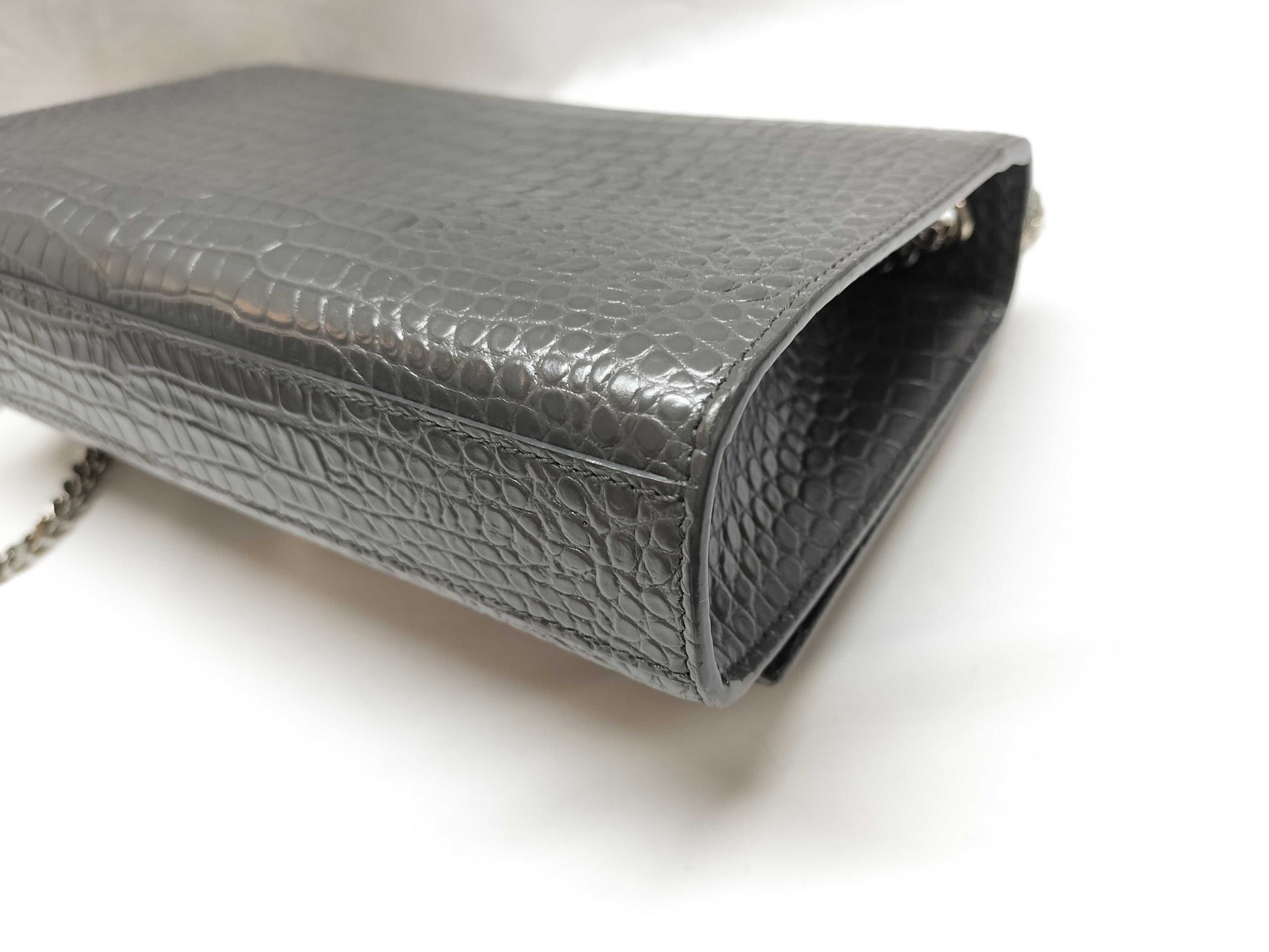 SAINT LAURENT SAINT LAURENT Kate Chain Shoulder Bag 354119 Gray Embossed Leather with Silver Hardware