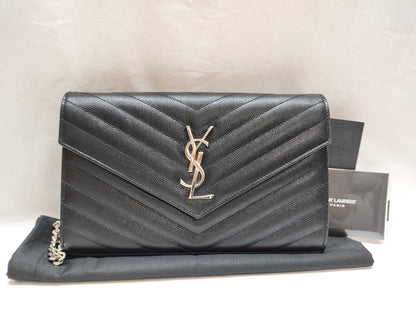 SAINT LAURENT Cassandra Chain Wallet 377828 Black with Silver Hardware Leather Shoulder Bag