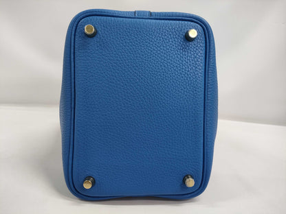 HERMES Picotin Lock PM Handbag, Blue Zélige, Gold Hardware, Taurillon Clemence Leather, W Stamp, Handbag