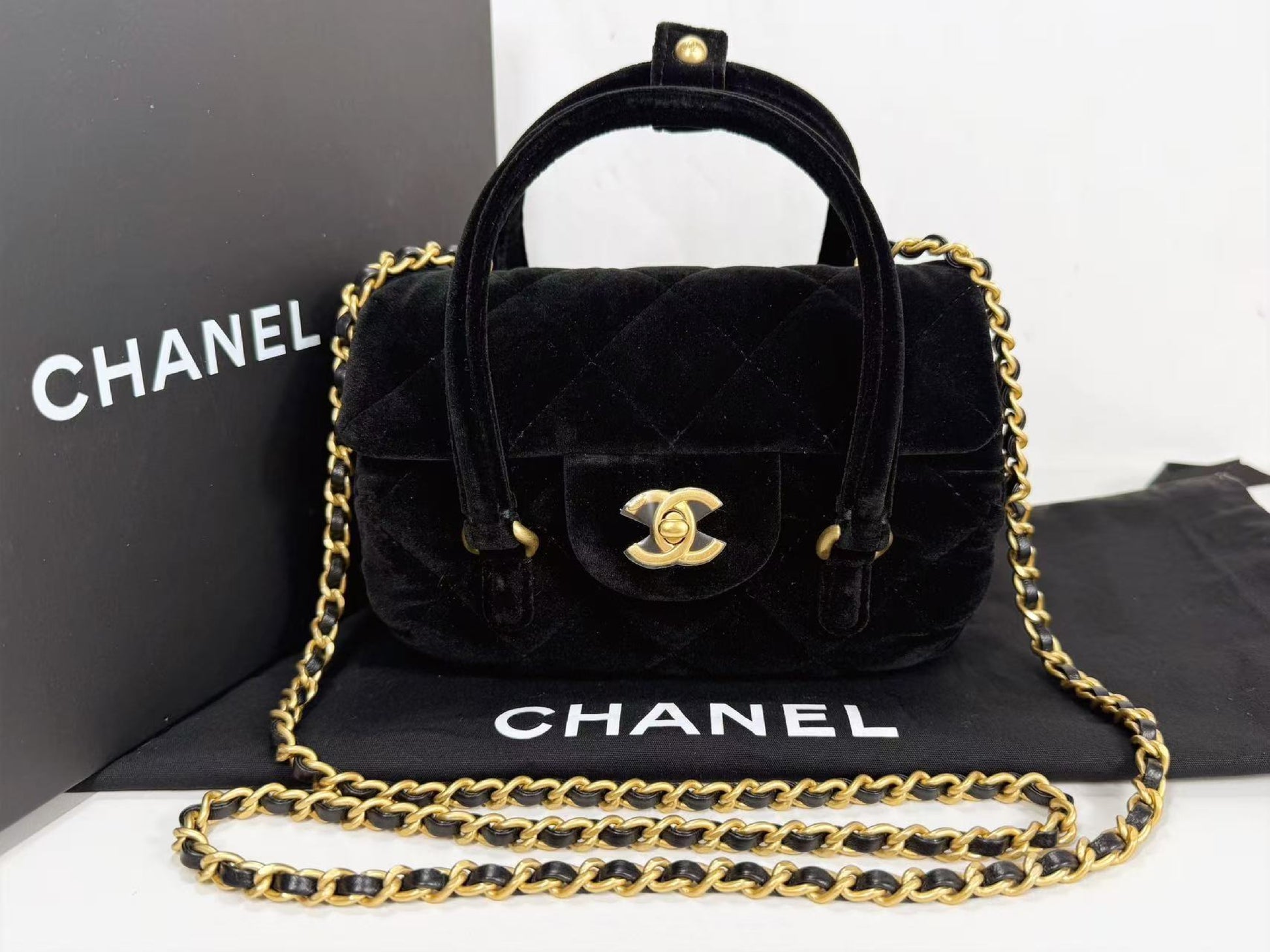 CHANEL Black Velvet Top Handle 2-Way Bag, Approx. W17 x H11 x D10cm Vintage G Hardware Mini Boston Shoulder Bag AHU05XC1 Excellent Condition S-A