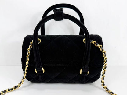 CHANEL Black Velvet Top Handle 2-Way Bag, Approx. W17 x H11 x D10cm Vintage G Hardware Mini Boston Shoulder Bag AHU05XC1 Excellent Condition S-A