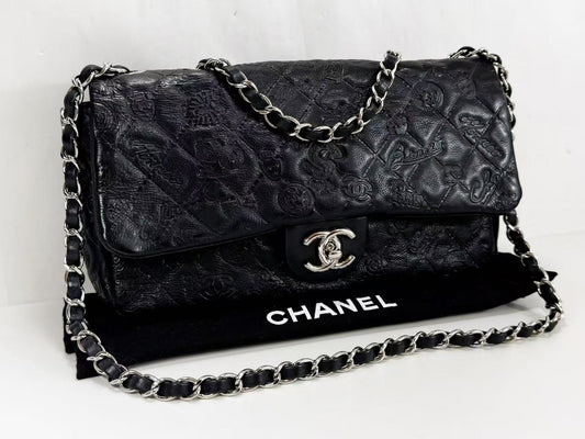 CHANEL Black Matelasse Icon Leather Embossed Double Chain W25cm x H15cm x D5cm [Dust bag and sticker included] Silver Hardware Shoulder Bag 14084973 Excellent Condition A-AB