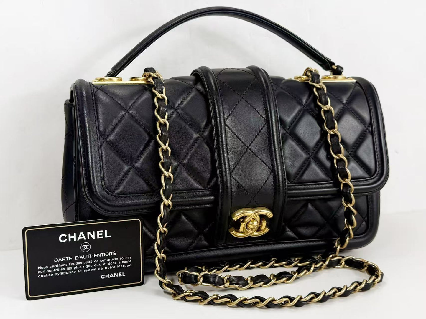 CHANEL Matelasse Black Elegant Double Chain Bag, W26cm, H15cm, D7cm, Approx. 20 Series [G Card and Sticker Included] Vintage G Hardware Shoulder Bag, 20761513, Excellent Condition