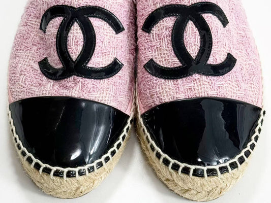 CHANEL Espadrilles, Size 37, Tweed Patent Leather, Big Coco Two-Tone Coco Mark, Slip-On Shoes, Excellent Condition, A, Other Shoes