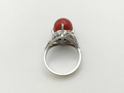 Coral ring, diameter approximately 10.3mm, diamond, PT900, 7.9g 
