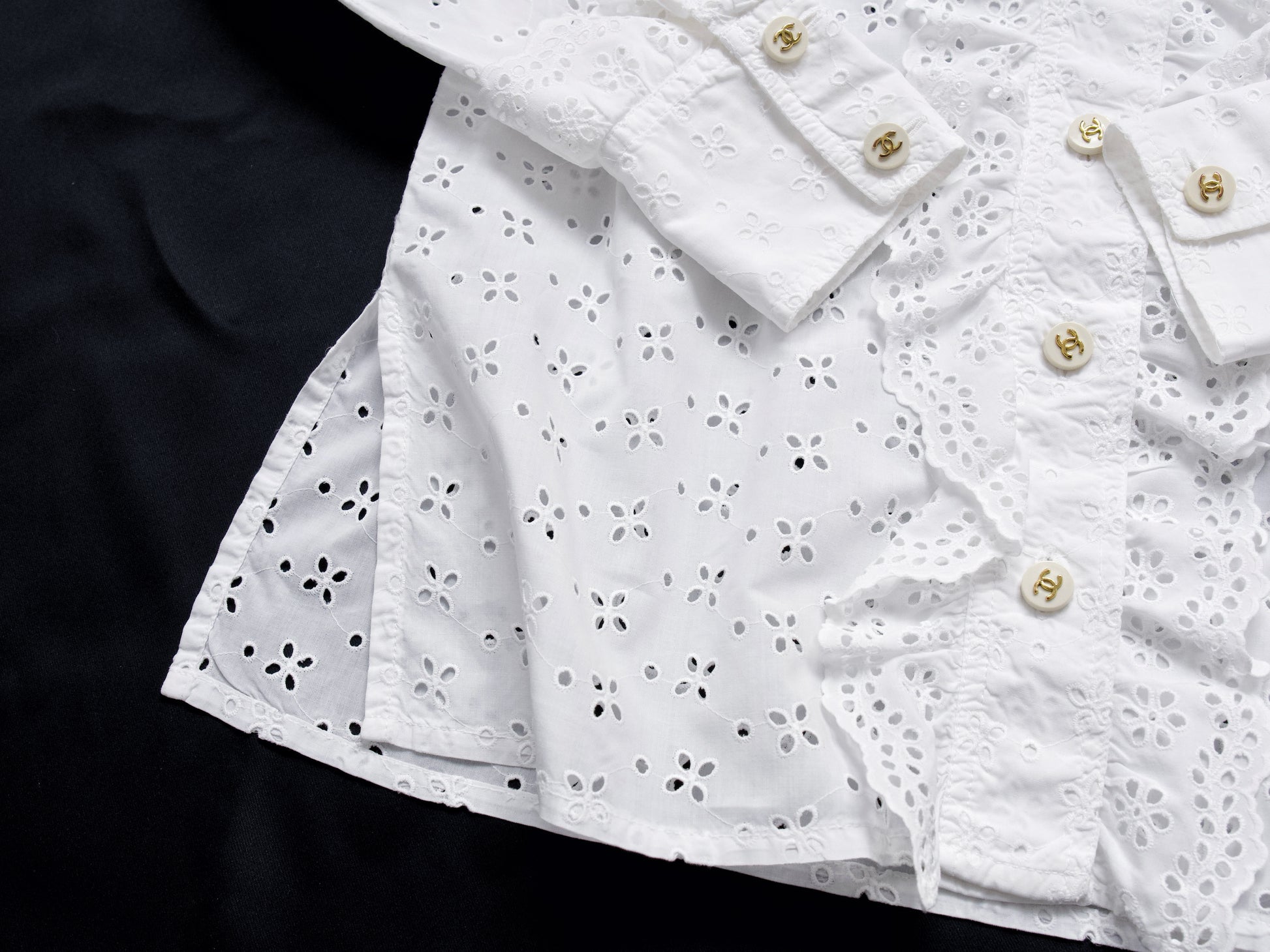 CHANEL Coco Mark 95P Ruffle Mini Shirt CC Buttons Sizes 36-38 Barbie Runway Shirt