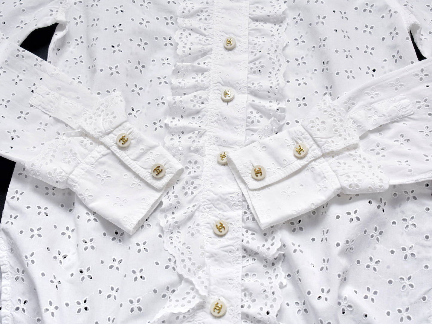 CHANEL Coco Mark 95P Ruffle Mini Shirt CC Buttons Sizes 36-38 Barbie Runway Shirt