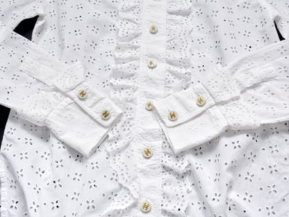 CHANEL Coco Mark 95P Ruffle Mini Shirt CC Buttons Sizes 36-38 Barbie Runway Shirt