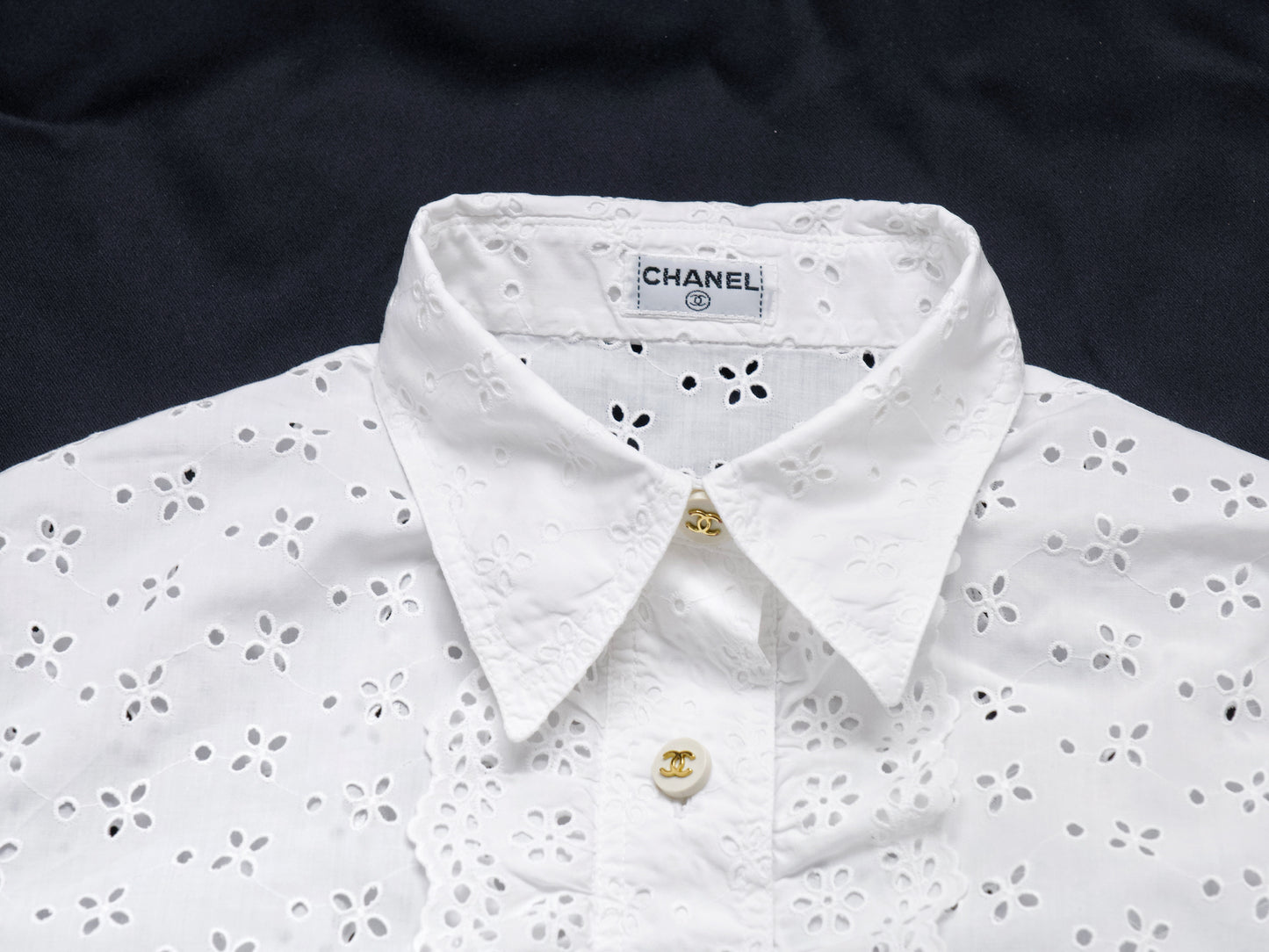 CHANEL Coco Mark 95P Ruffle Mini Shirt CC Buttons Sizes 36-38 Barbie Runway Shirt