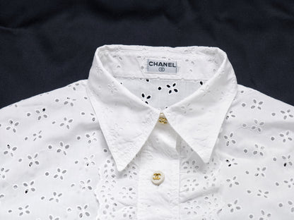 CHANEL Coco Mark 95P Ruffle Mini Shirt CC Buttons Sizes 36-38 Barbie Runway Shirt