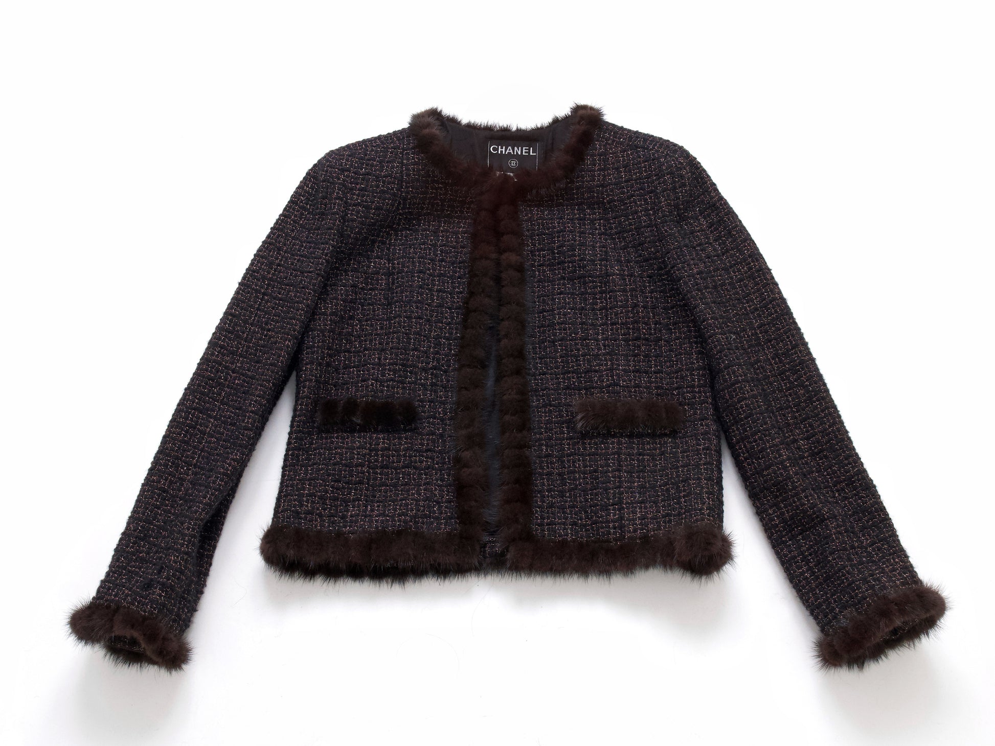 CHANEL Mink Trimmed Gold Mix Tweed Jacket