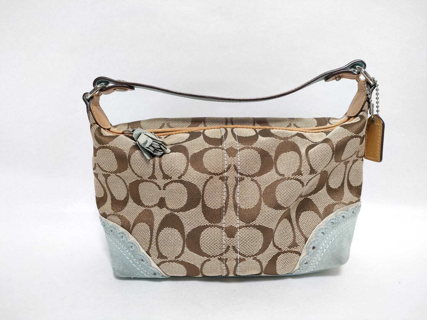 COACH Signature Handbag Canvas/Suede Beige/Light Blue Handbag