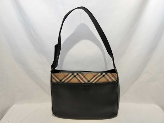 BURBERRY Nova Check Leather One-Shoulder Handbag in Black