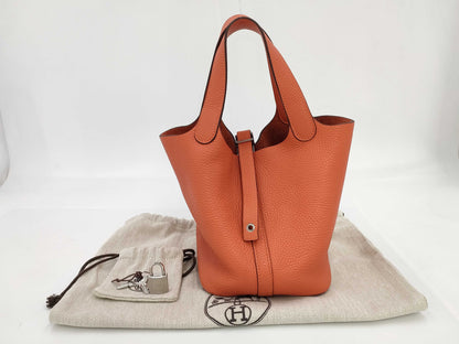 HERMES Picotin Lock PM Taurillon Clemence Leather, Orange, Silver Hardware, □R Stamp, Handbag