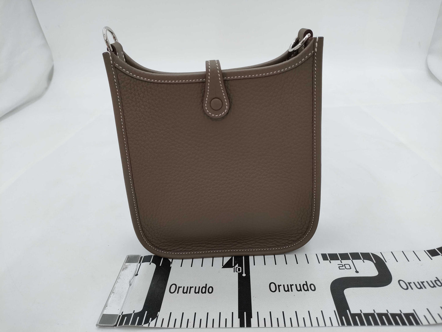 HERMES Evelyn TPM Taurillon Clemence Etoupe/Blue Indigo Shoulder Bag with Silver Hardware and Double Stamp