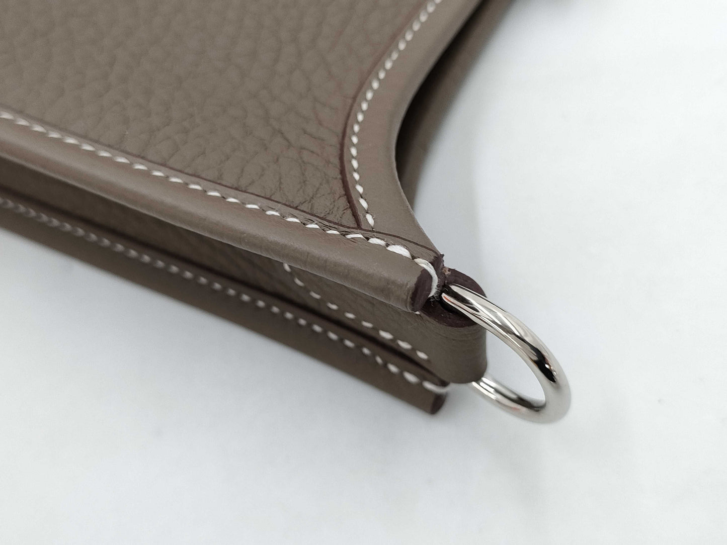 HERMES Evelyn TPM Taurillon Clemence Etoupe/Blue Indigo Shoulder Bag with Silver Hardware and Double Stamp