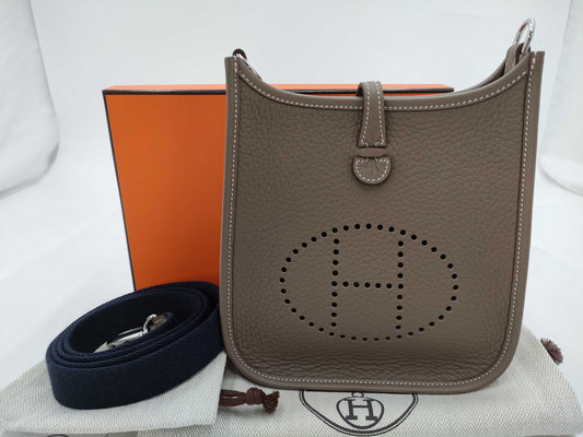 HERMES Evelyn TPM Taurillon Clemence Etoupe/Blue Indigo Shoulder Bag with Silver Hardware and Double Stamp