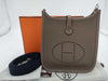 HERMES Evelyn TPM Taurillon Clemence Etoupe/Blue Indigo Shoulder Bag with Silver Hardware and Double Stamp