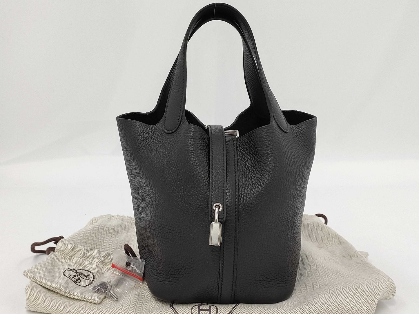 HERMES Picotin Lock PM Handbag, W Stamp, Noir, Silver Hardware, Dust Bag