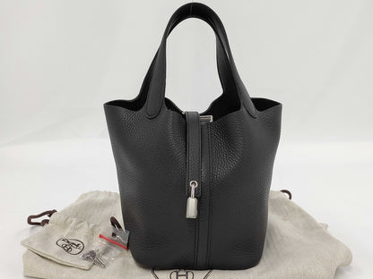 HERMES Picotin Lock PM Handbag, W Stamp, Noir, Silver Hardware, Dust Bag