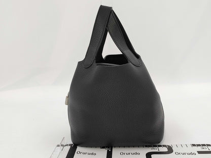 HERMES Picotin Lock PM Handbag, W Stamp, Noir, Silver Hardware, Dust Bag