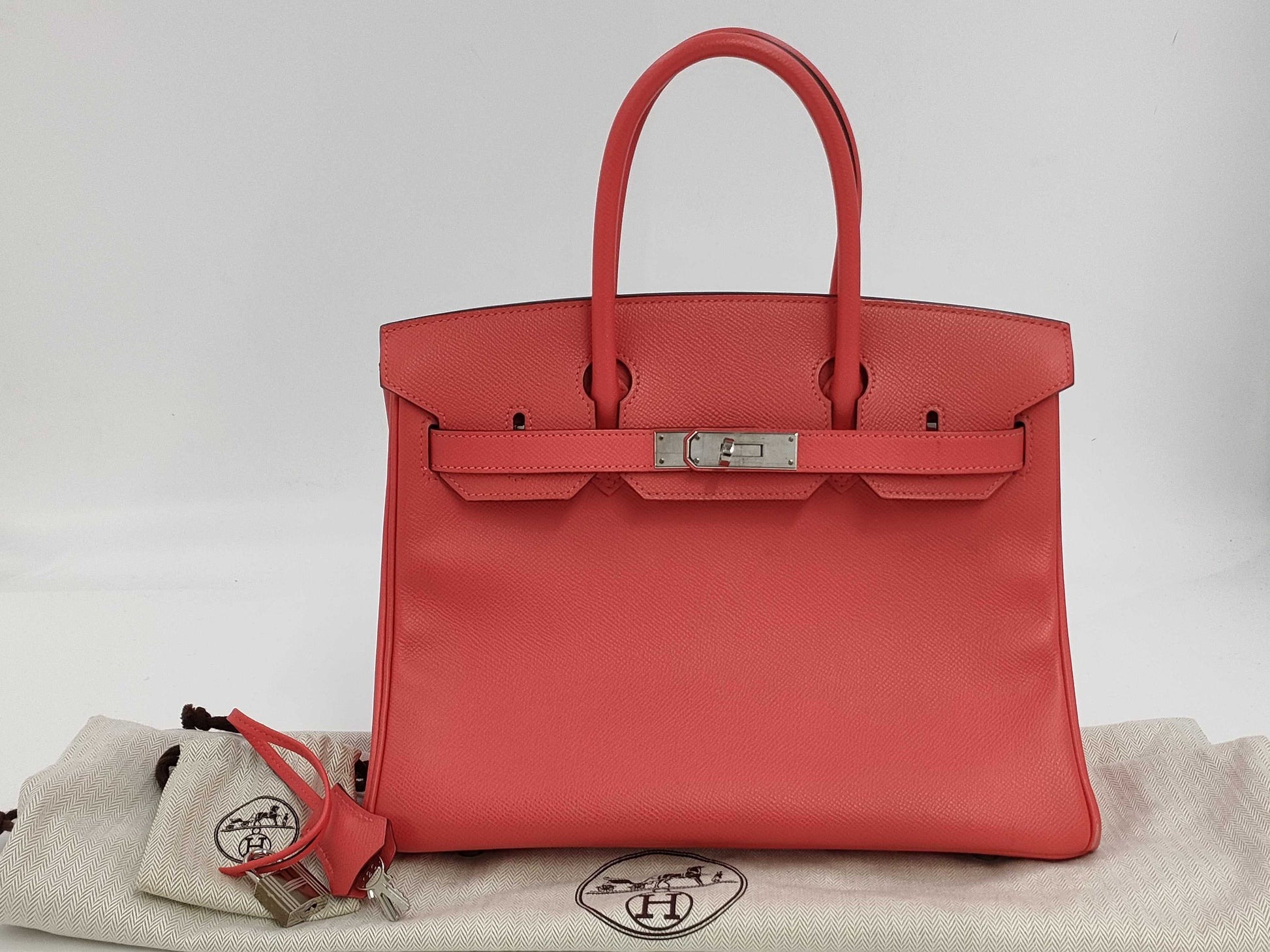 HERMES Birkin 30 Epsom Leather Rose Jaipur Handbag with Stamped Silver Hardware