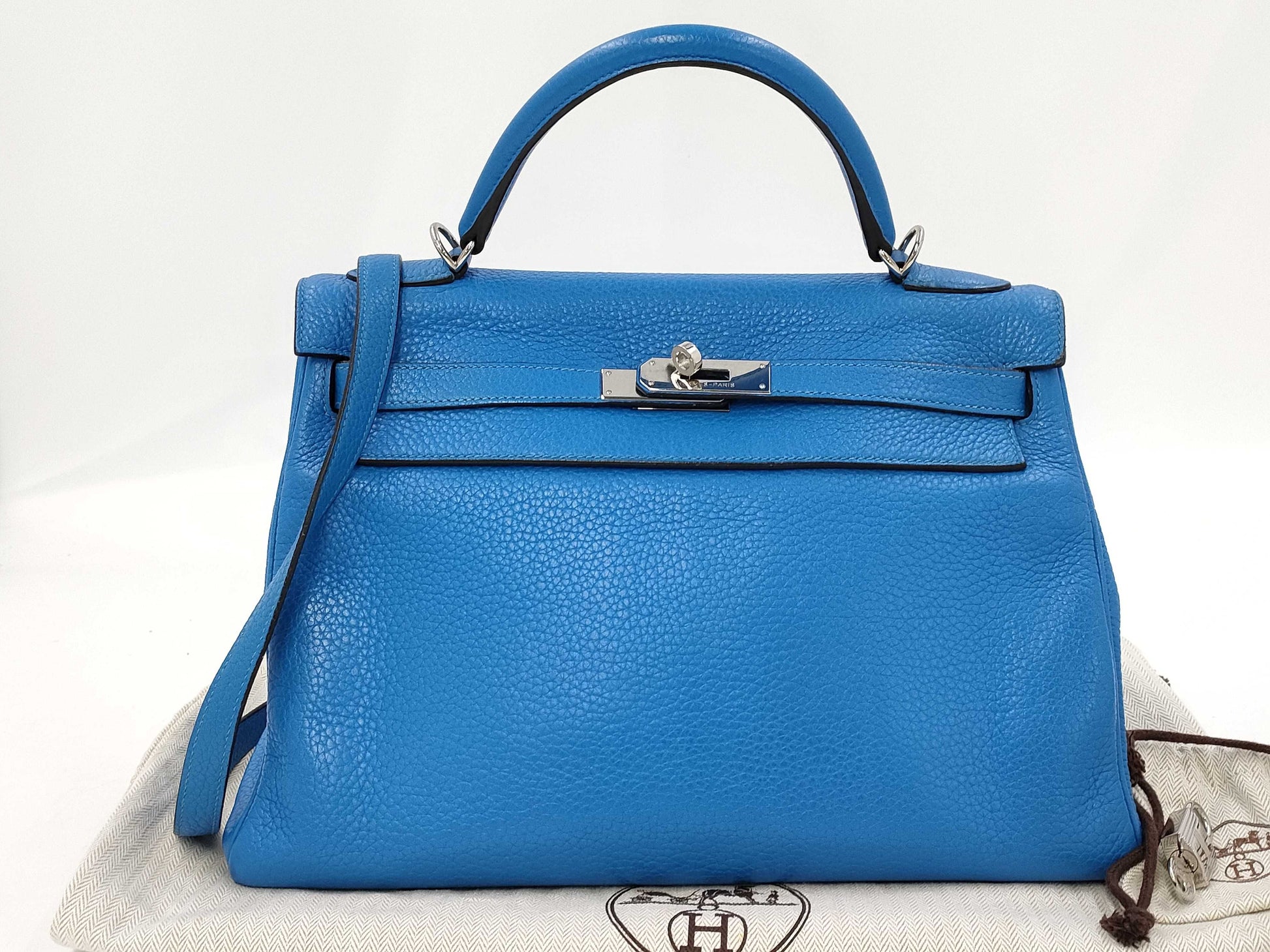 HERMES Kelly 32 Taurillon Clemence Leather Blue Zélige Handbag with Silver Hardware and P Stamp