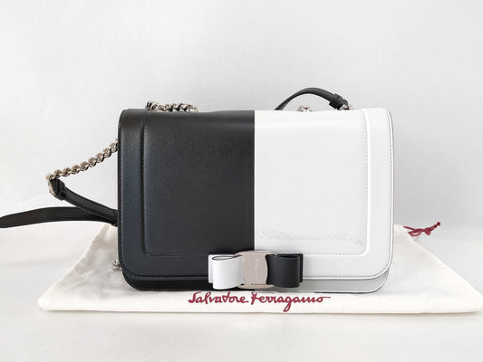 Salvatore Ferragamo Vara Chain Shoulder Bag in White and Black