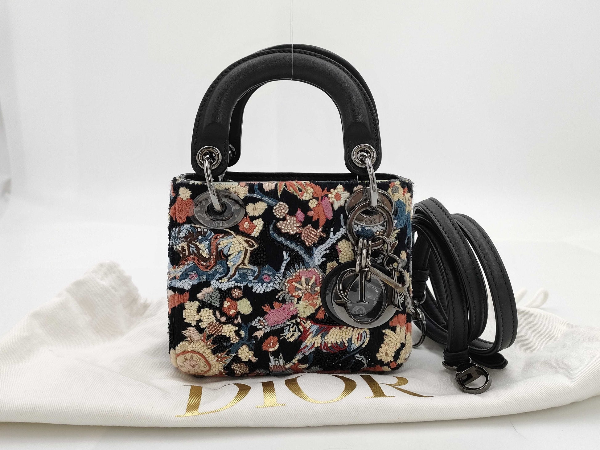 Dior Dior Lady Dior Embroidered Beaded 2-Way Handbag Black Shoulder Bag